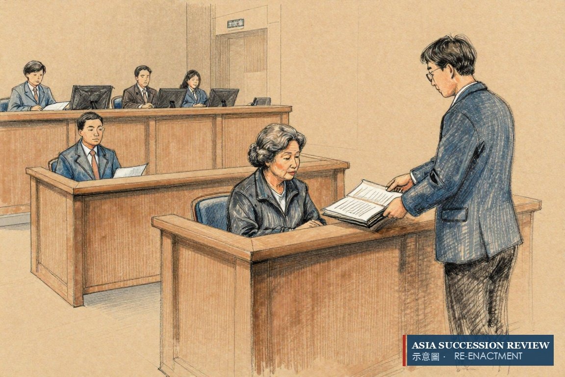 An elderly woman is handed an exhibit in the witness box — she learned the arrangement in court.