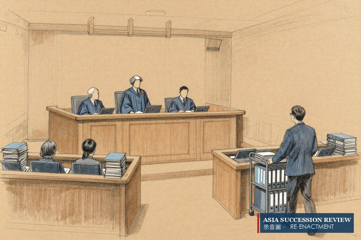 三名上诉法官听取陈词，案卷成车推入——七年才走到终审法院。