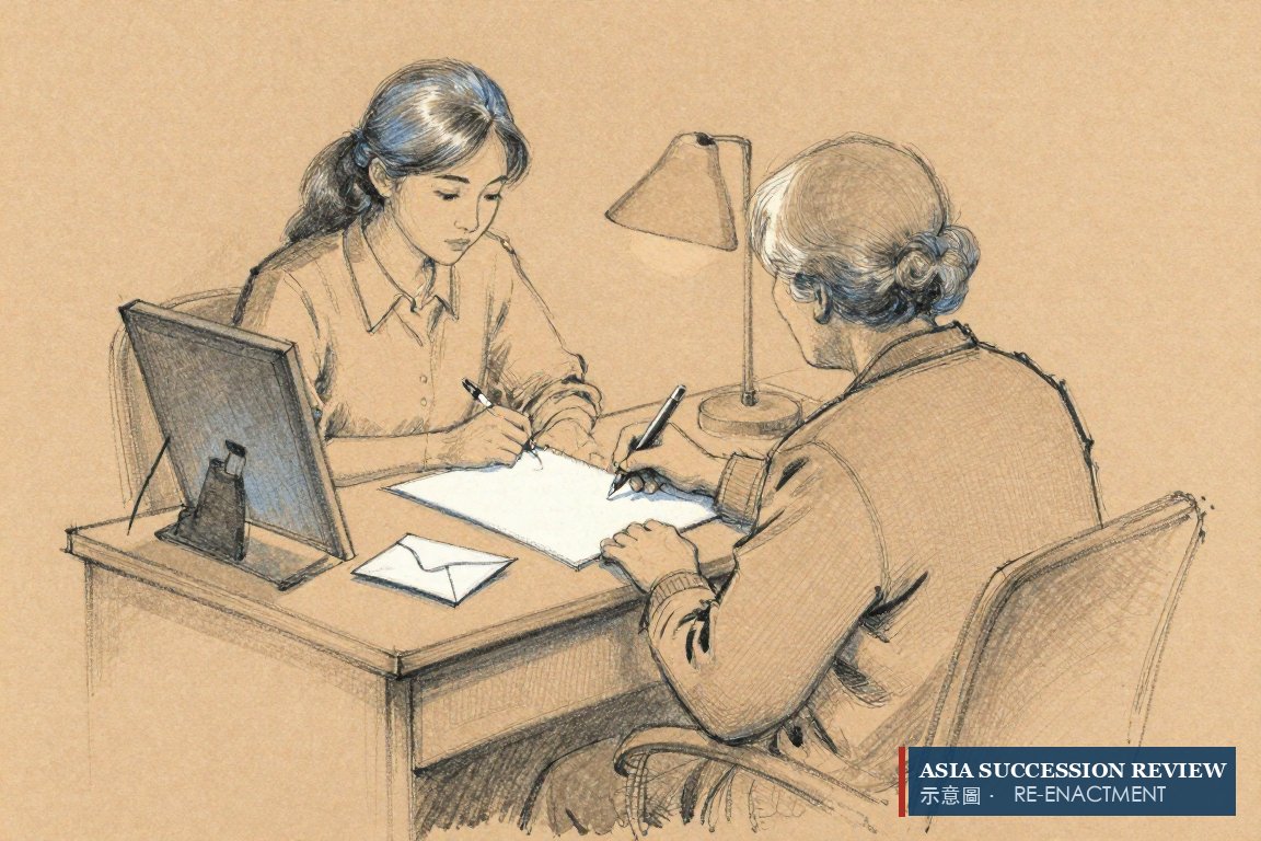 A young woman sits before a blank sheet and an empty envelope — the letter to her mother never written.