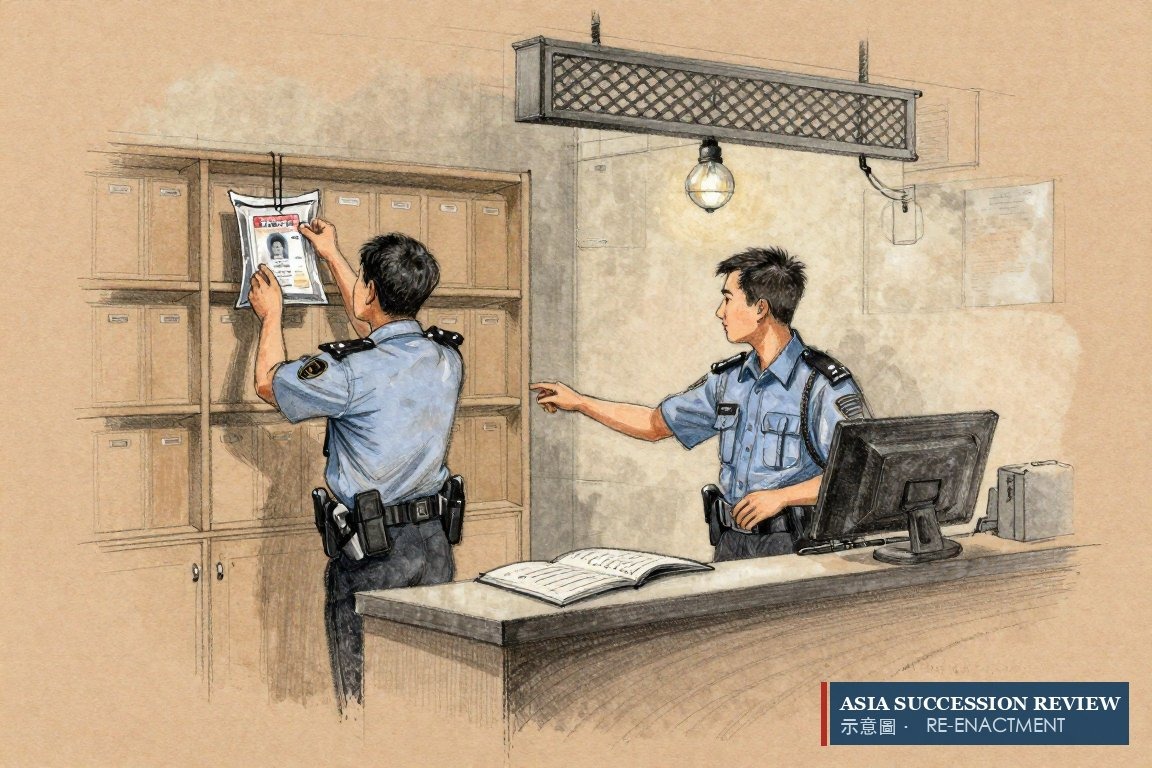 Kartu identitas disegel dalam kantong barang bukti polisi — tanpa akta kematian, jenazah tidak dilepaskan.