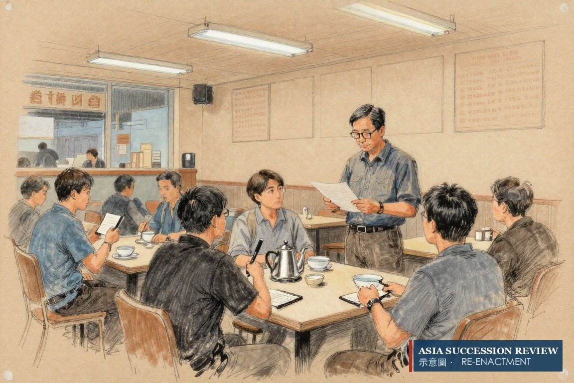 Seorang pria membacakan pernyataan kepada wartawan di antara meja restoran — pemakaman HK$1,5 juta diumumkan 7 September.