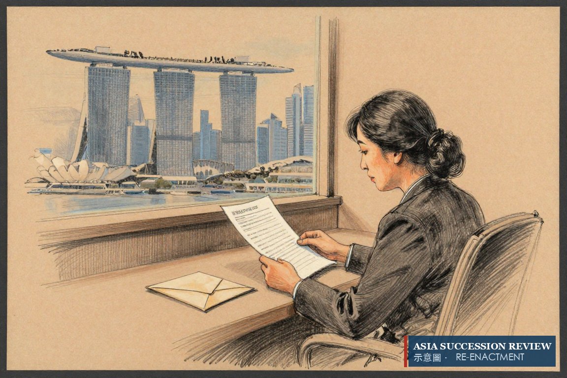 Seorang pengacara Singapura membaca dokumen di dekat jendela: hukum menjawab siapa boleh menjual dan bagaimana, bukan harganya.