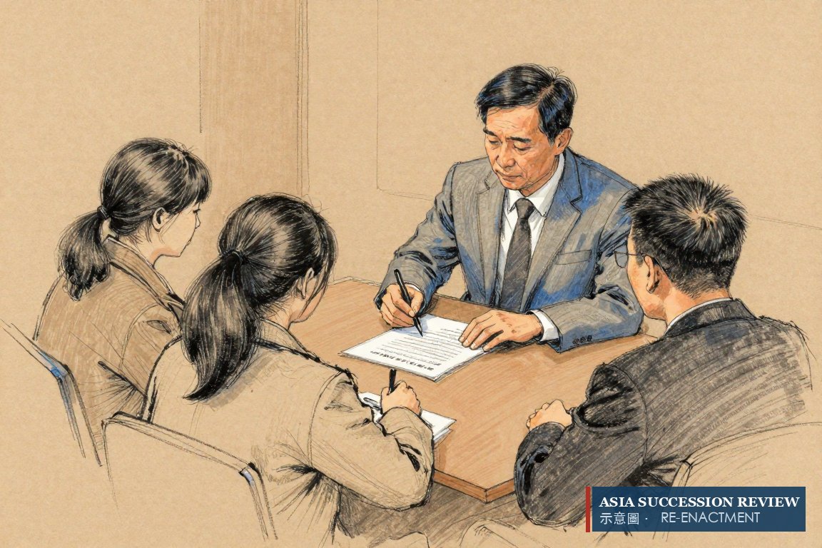 Pelaksana wasiat menandatangani satu kontrak sementara tiga wakil pembeli memegang pena di atas halaman yang sama.