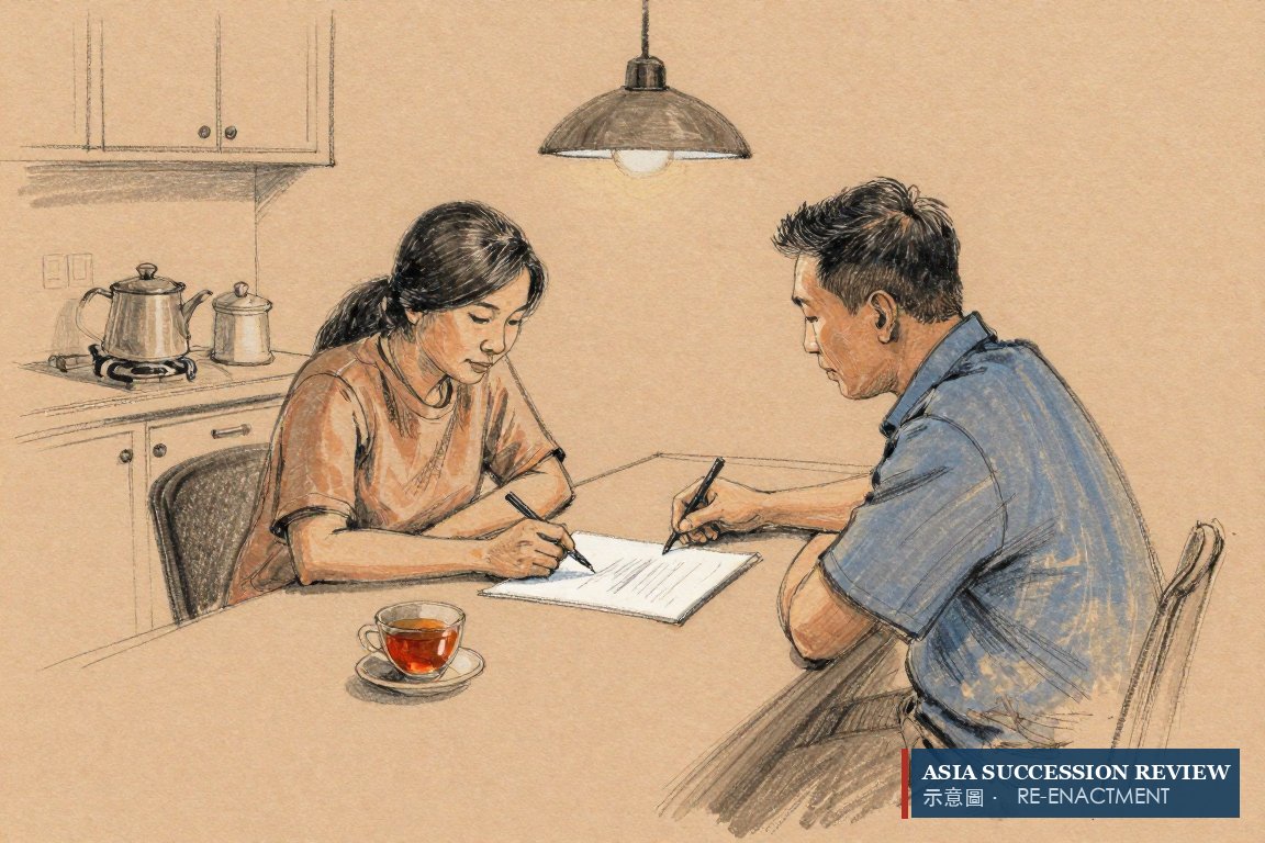 Sepasang suami istri di meja dapur di atas selembar pertanyaan: apakah perintah menjual mereka rencana atau harapan.
