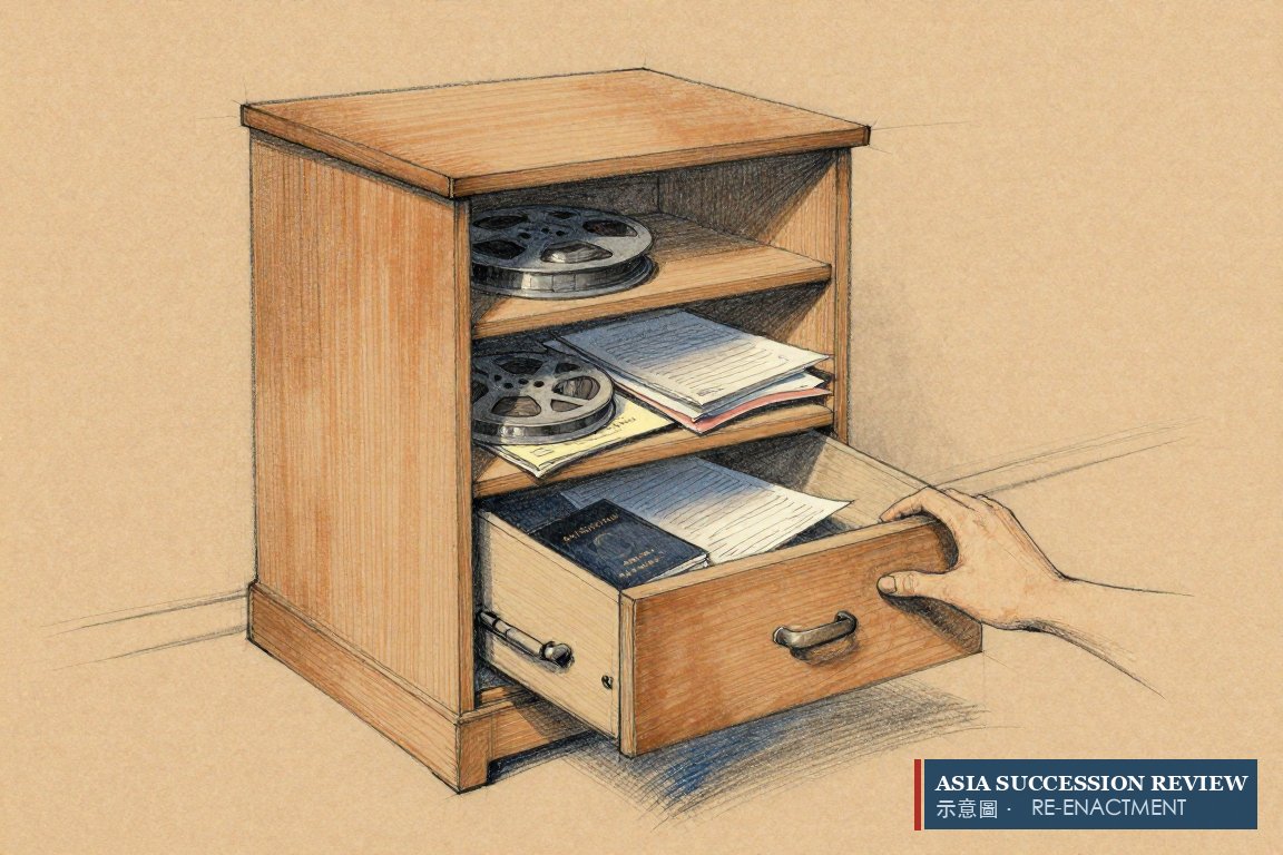 One drawer of film reels and contracts dwarfs the passbook beside it: the company shares were about 89 per cent.