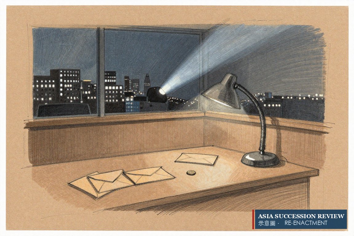 Three envelopes and a coin on a desk, a cinema glowing outside: six years arguing over leftovers.
