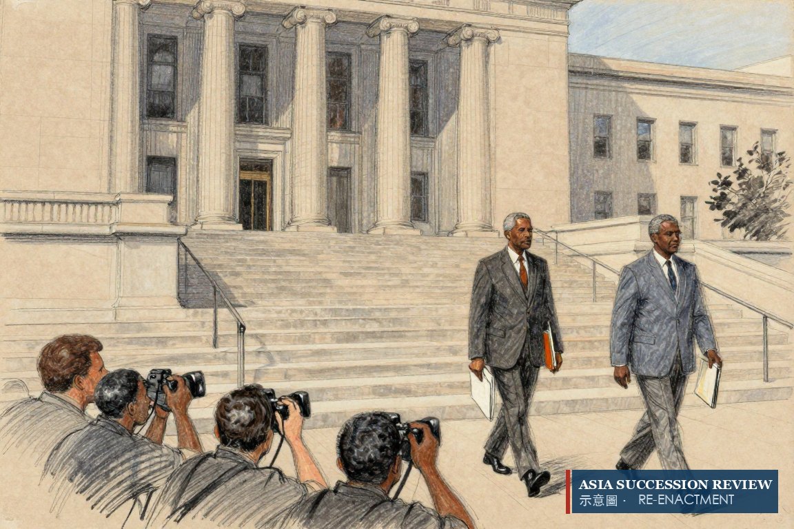 Two brothers descend courthouse steps into a crowd of photographers: they inherit nothing but speak for their parents.