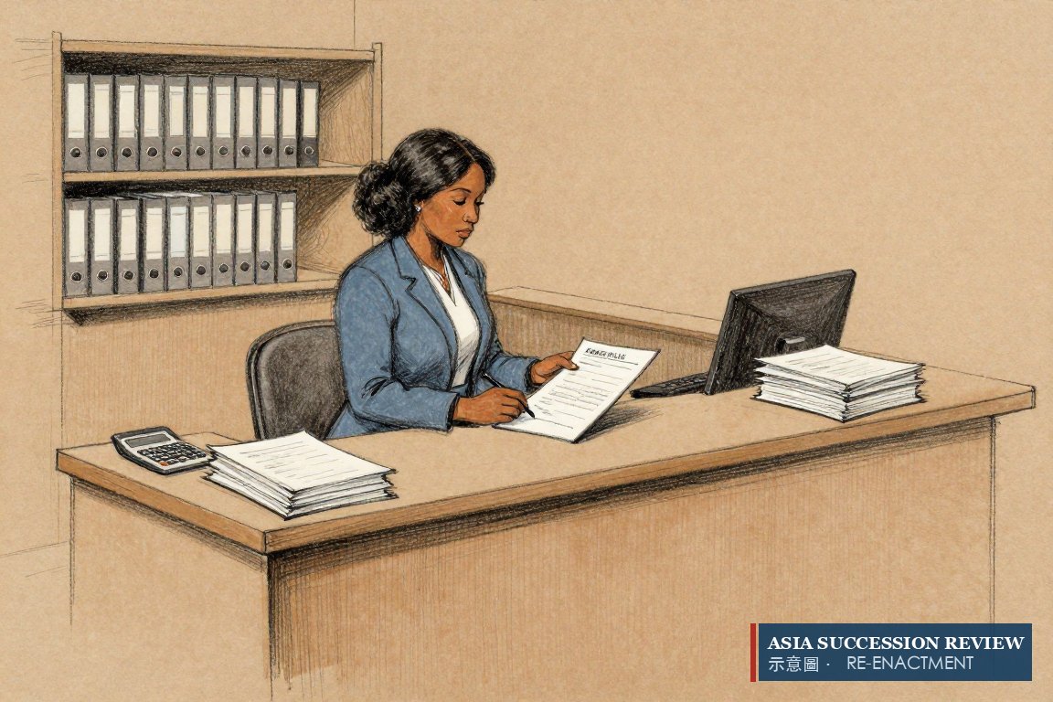A clerk hands over a stamped order beside two unequal piles: the October 2022 distribution of $2.3 million.