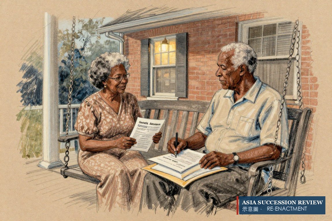Elderly parents on a porch with a thick envelope of papers: the petition says their half was never fully paid.