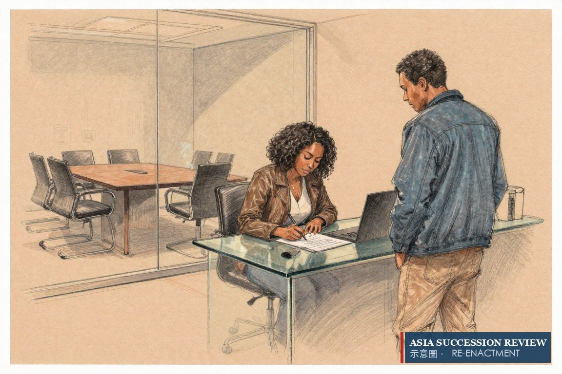 A woman signs a production contract while the boardroom behind her sits empty: the petition's claim about the family company.