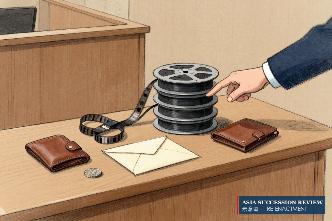 Five items on a court table, a stack of film reels dwarfing the rest: $3,396,969 of a $3.8 million list.