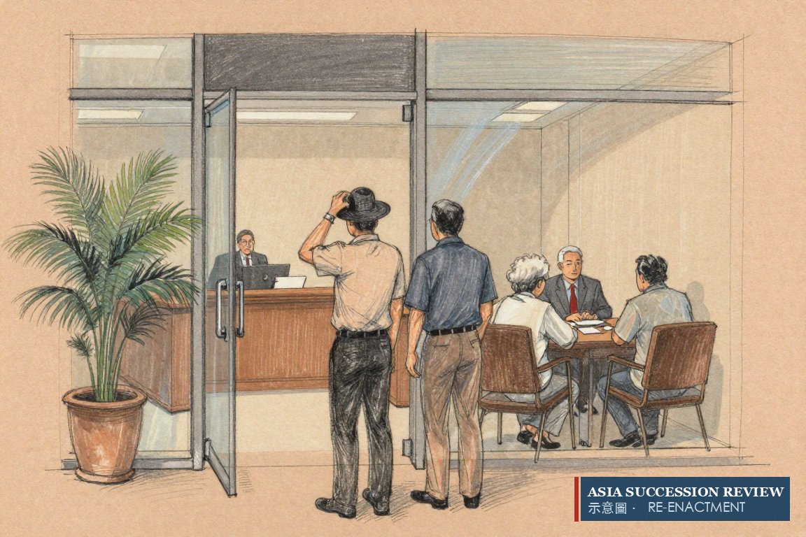 Two brothers wait outside a glass door while their parents meet the lawyer: siblings take nothing while parents live.