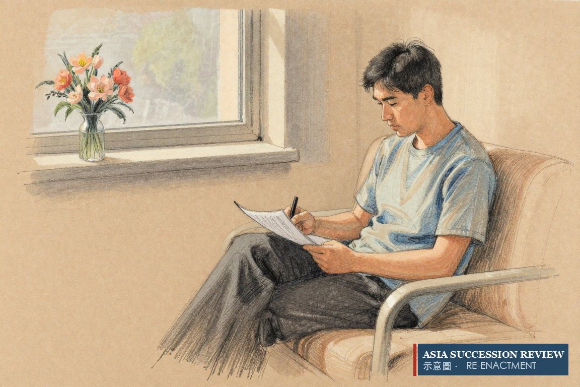 A man reads a thin document by a hospital window: four private years of illness, time enough for a will.