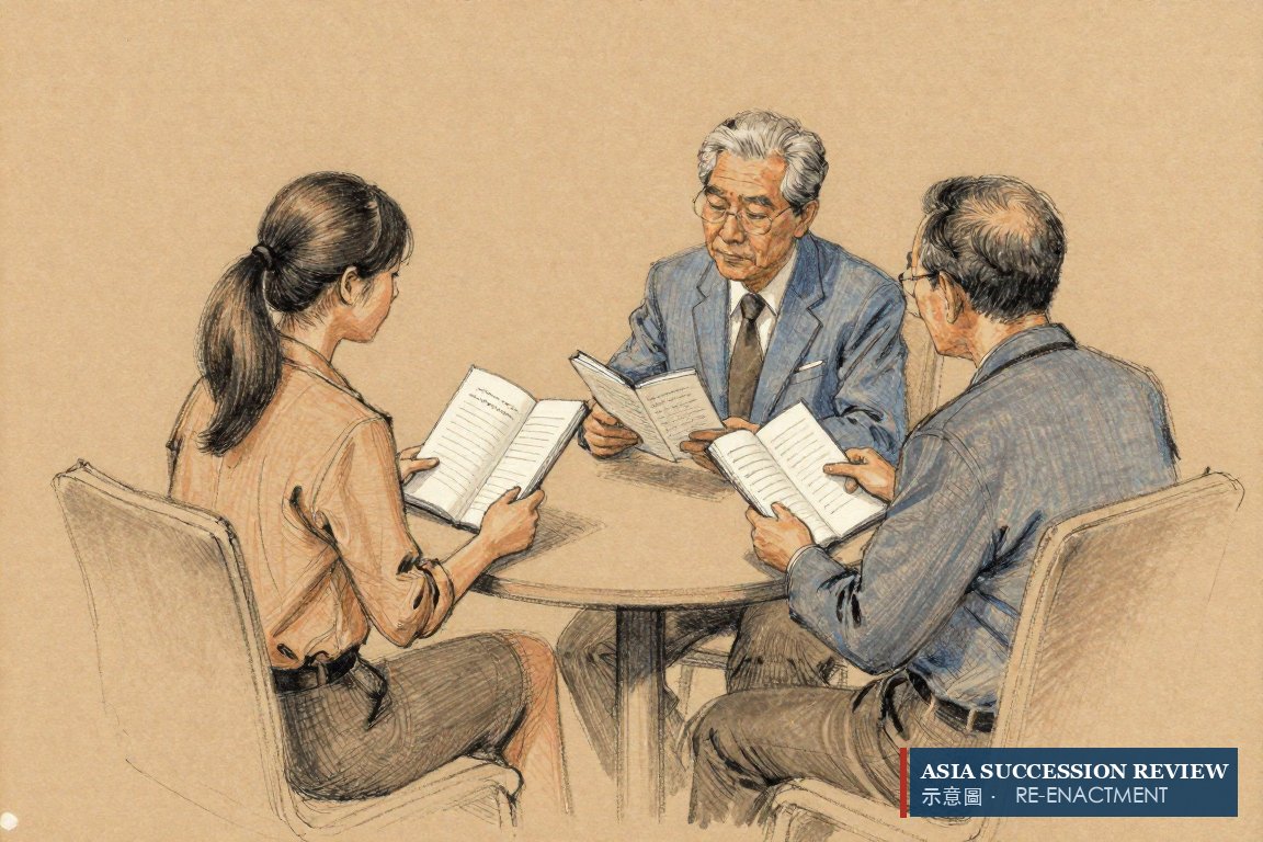 Three owners read the same clause in identical booklets: a constitution that says how heirs decide together.