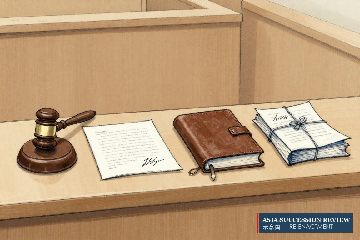 A gavel, a bond, a ledger and a share bundle in a row: the four checks Singapore adds.