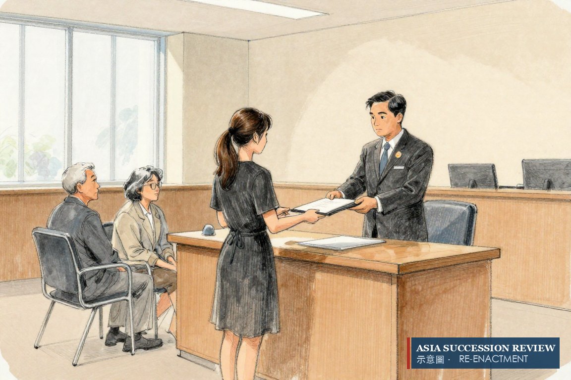 A widow receives a bound grant while elderly parents watch from a bench: section 18 names the widow first.