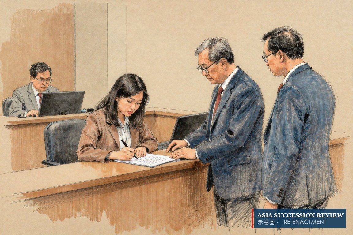 A woman signs a bond with two guarantors' hands on the page: section 29 asks an administrator for two sureties.