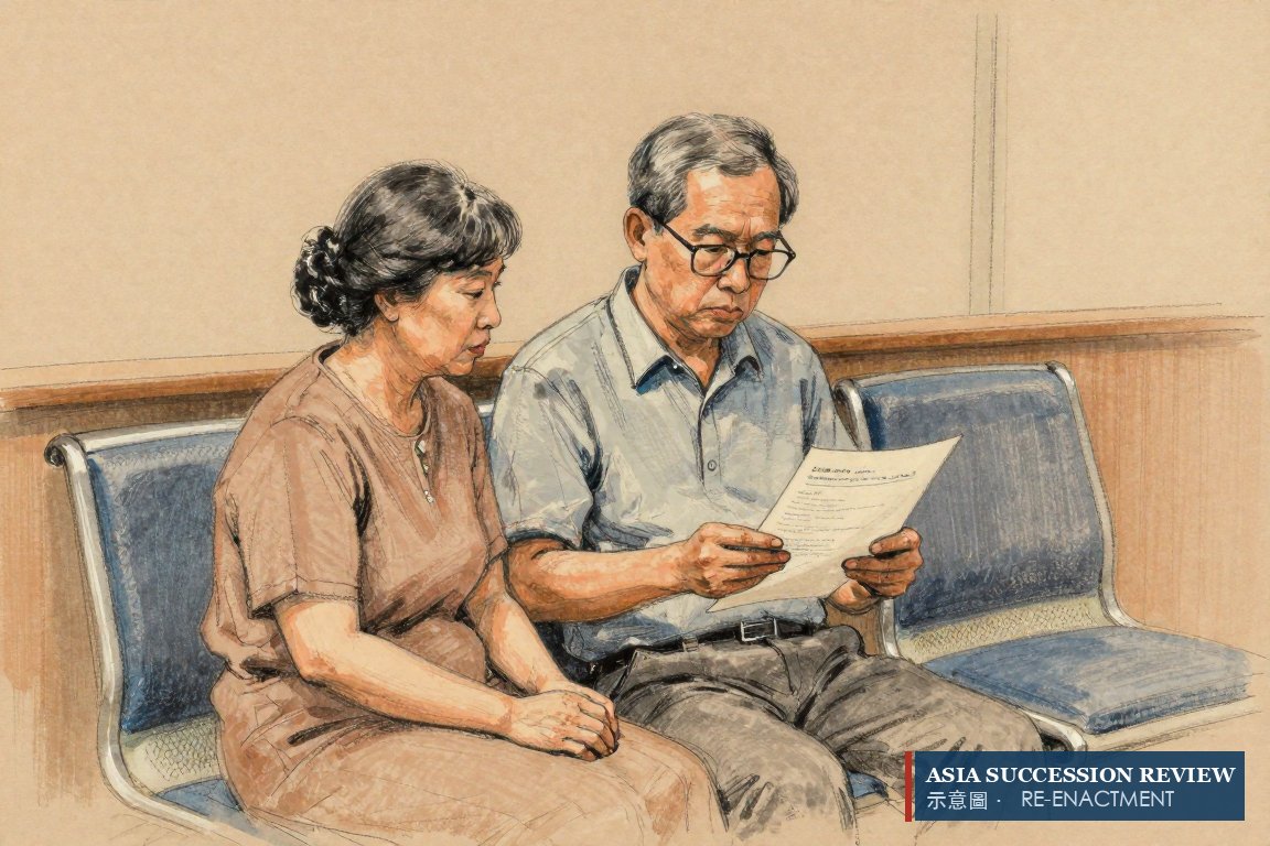 Elderly parents study an unsigned bond form beside an empty chair: sureties can be dispensed with.