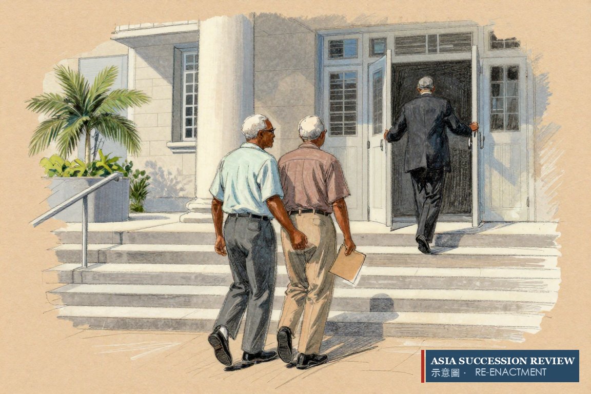 An elderly couple climb court steps behind their lawyer: section 216(7) lets heirs sue as shareholders.