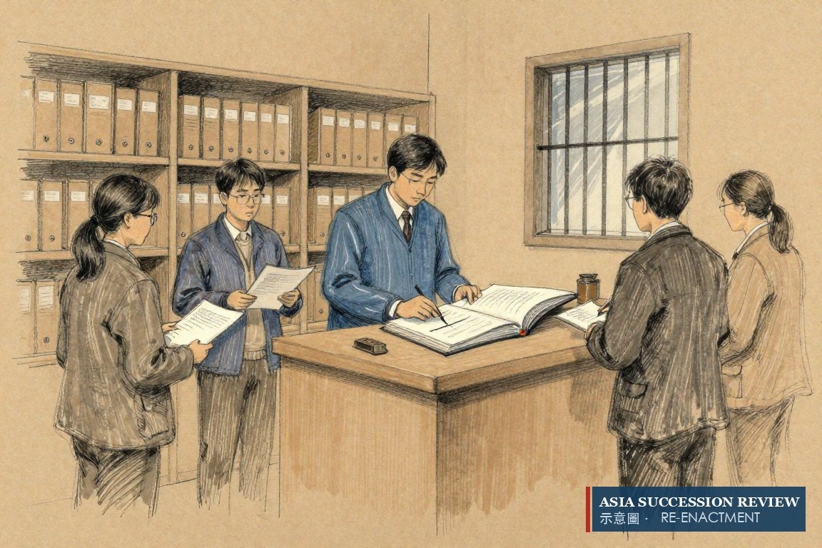 股東登記處前,四人各持一份表格——62.9%仍登記在故人名下。