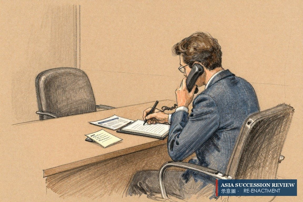 律師以電話接受指示,旁有電郵與手寫便條——客戶的座位空著。