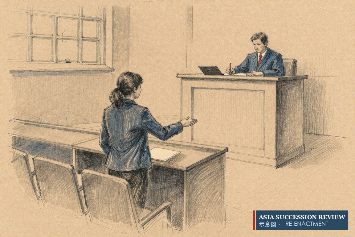 證人從證人席伸出攤開的手——她自願把一半遺產給了弟弟。