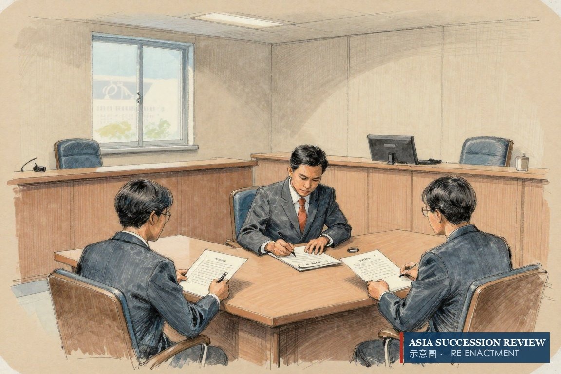 法官在內庭就著證據卷宗簽署契據——第23條替創辦人完成未竟之事。