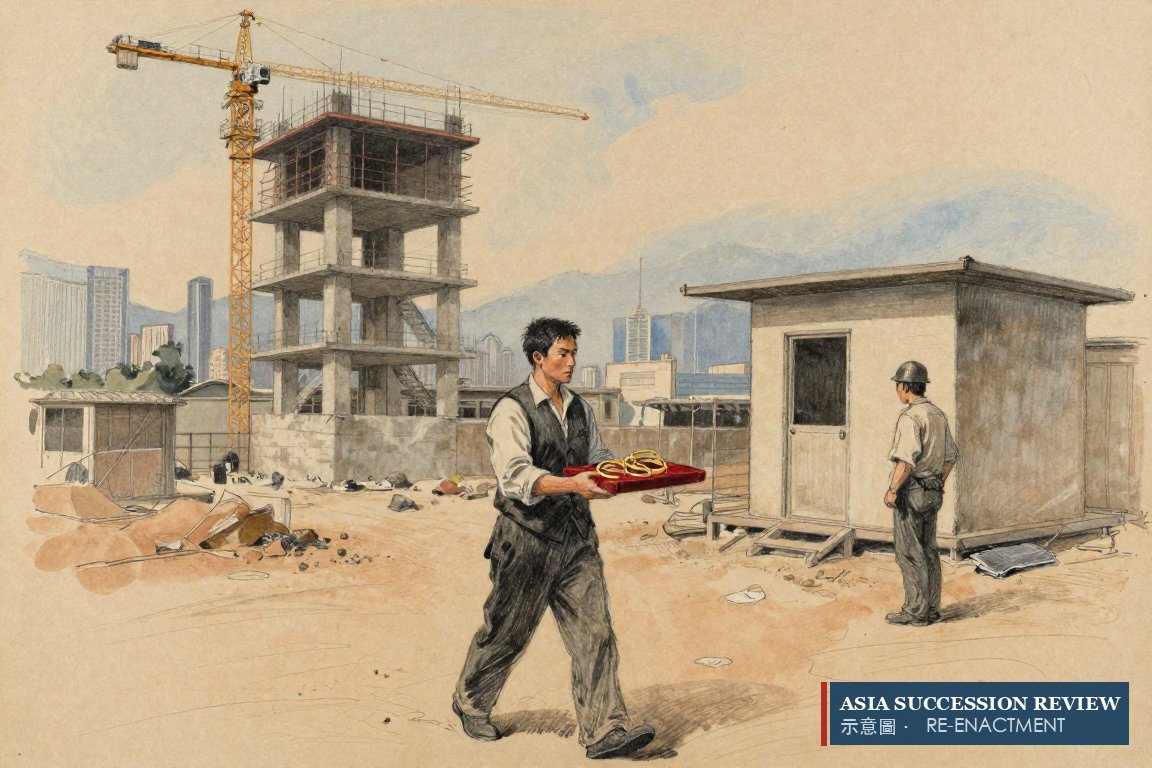 A jeweller carries a tray of gold toward a building site: a 45% stake worth about HK$6.9 billion.