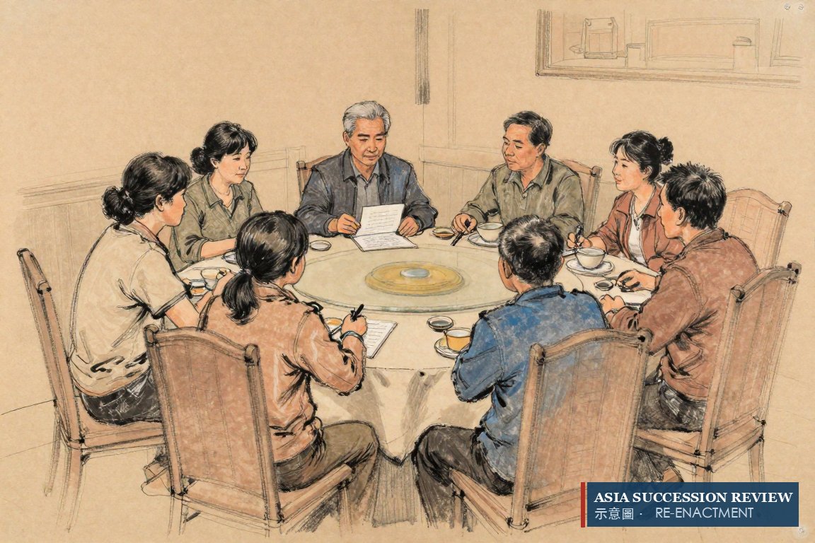 One man signs at a family dinner while relatives watch: the option covers 65.9% of the family's holding.