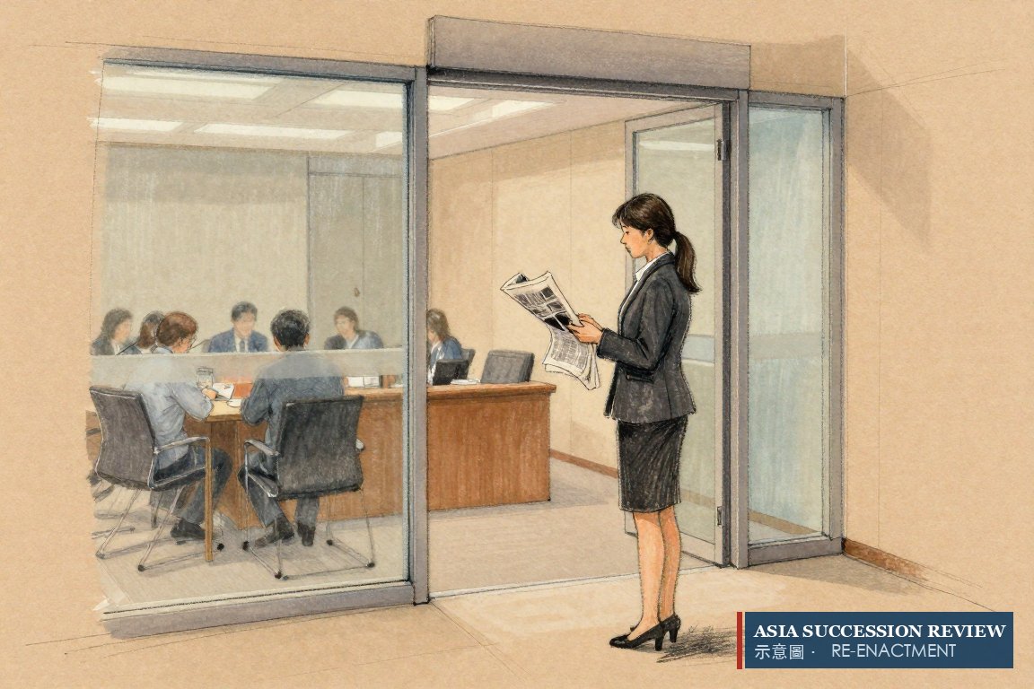 A young woman waits outside a closed boardroom door with a newspaper: the filings do not name the owners.