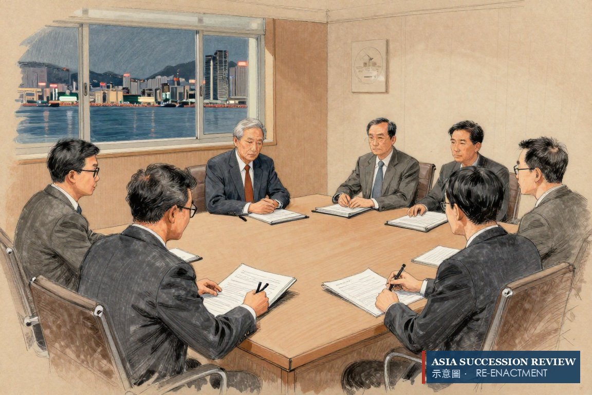 Directors sit in silence over a bound report at night: the developer lost HK$26,818 million in the year.