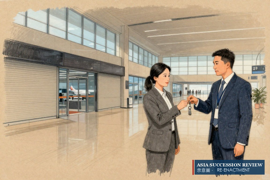 A manager hands keys to an airport official in an empty mall: the developer pays HK$2,300 million to leave.