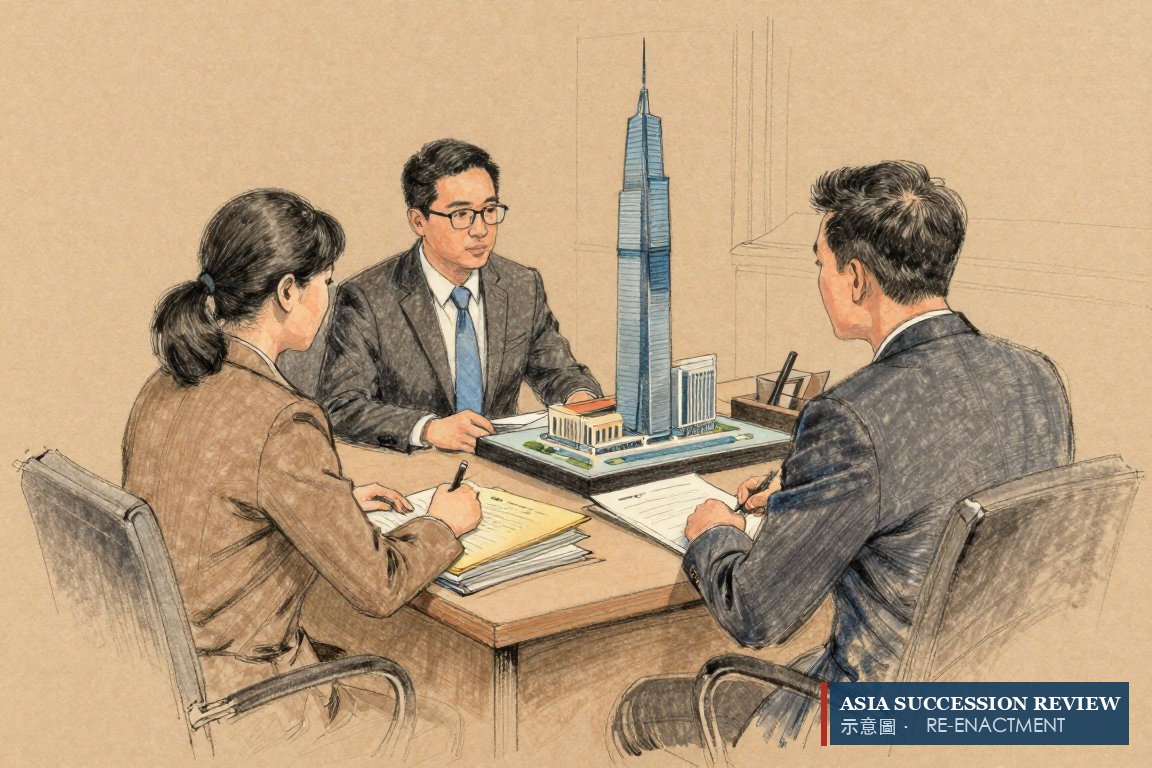 A finance director pushes a model tower toward two bankers: a harbourfront complex secures a HK$4,900 million loan.