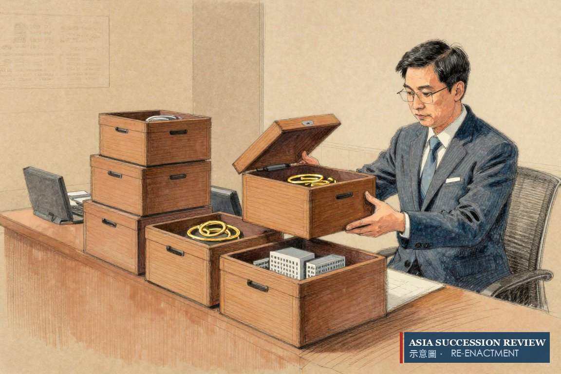 A solicitor lifts stacked wooden boxes to show jewellery and a model building: one chain holds 73.39% and 45.24%.