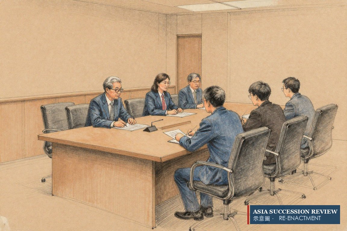 A chairman sits with relatives at a board table, one chair empty: a son left the board in July 2025.