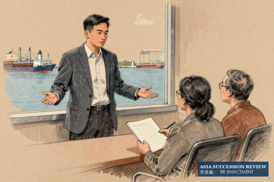 A Singapore lawyer shows empty hands to a couple holding loan papers: no statute refinances HK$148.6 billion.