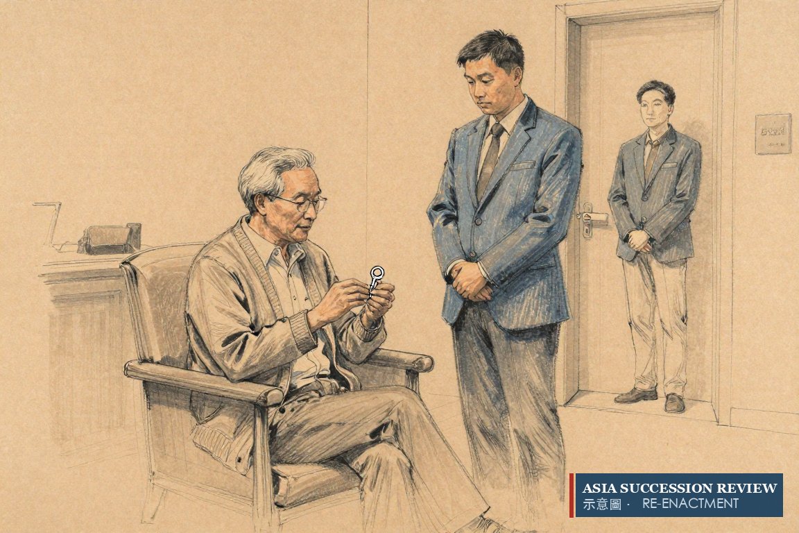 An elderly founder holds the only key while a trustee stands by: reserved investment powers keep the decision his.