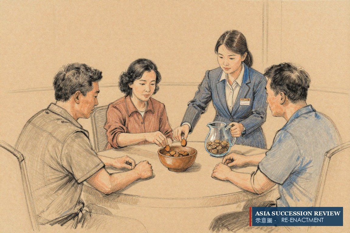 Family members drop tokens into a bowl beside a jug of coins: support above a ceiling needs a vote.