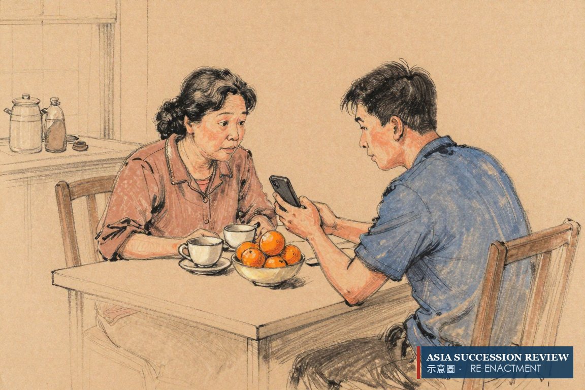 A mother and son read the news on his phone at a kitchen table: quiet branches learn of a rescue from an announcement.