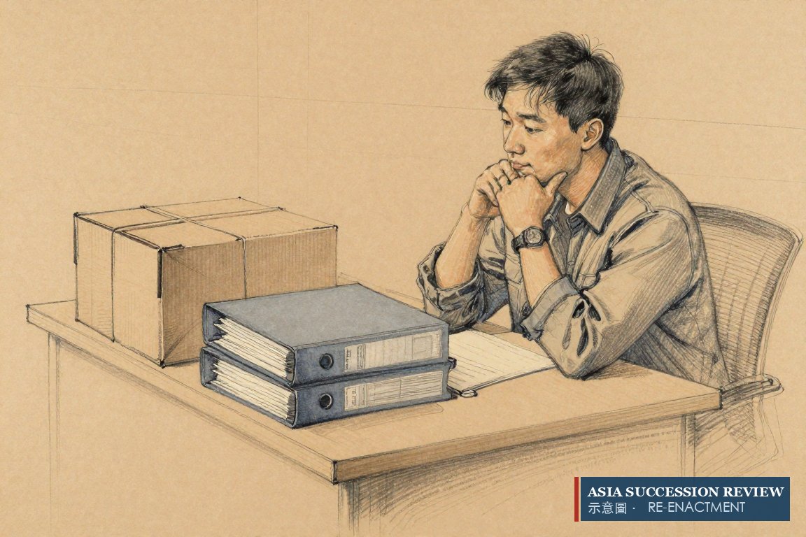 A journalist sits beside three closed reports and a tied, unopened file: the option deed and family agreements are not public.