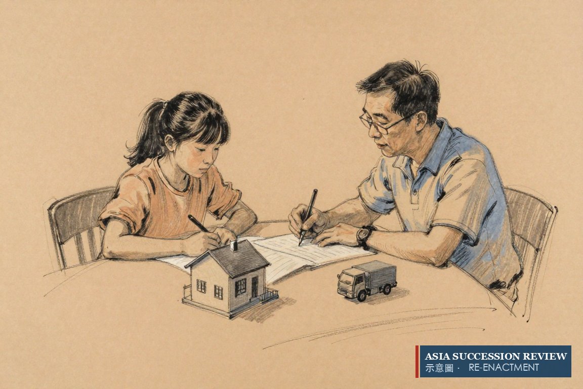 A father and daughter share one sheet of paper beside model shops: four questions about who commits the family purse.
