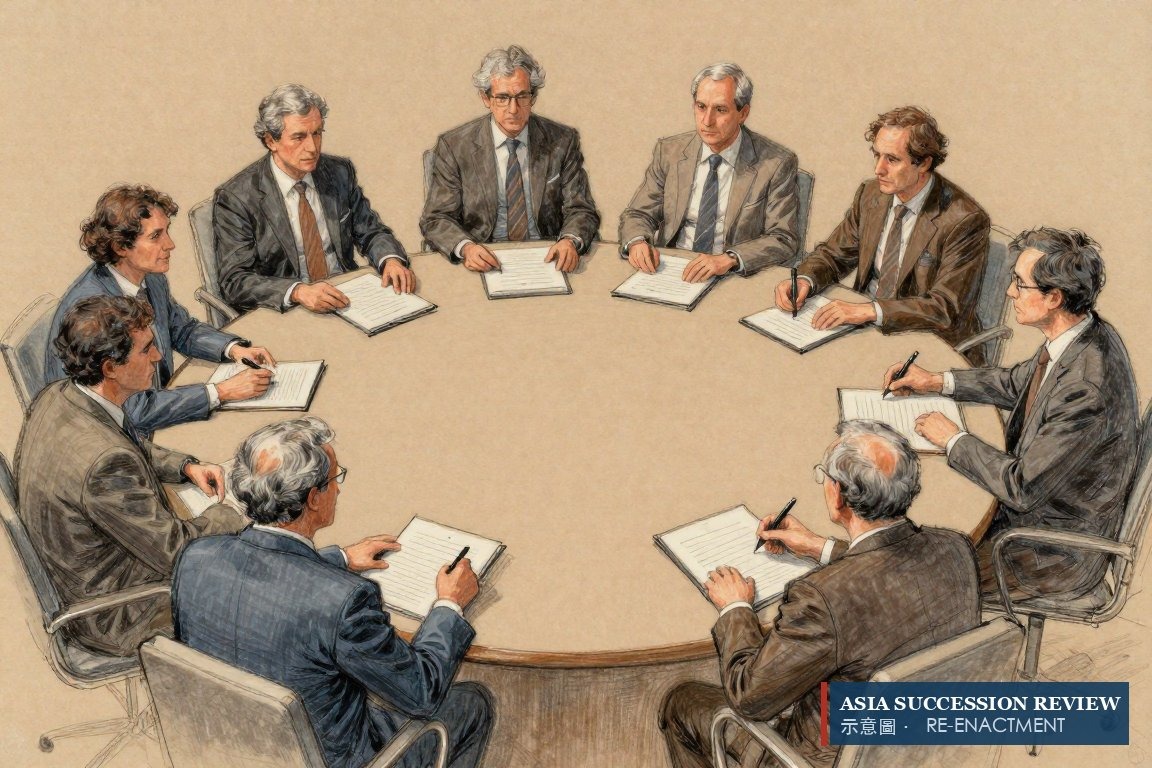 Eight heirs around a round table, one pen untouched at the centre — Delfin split into eight equal parts.