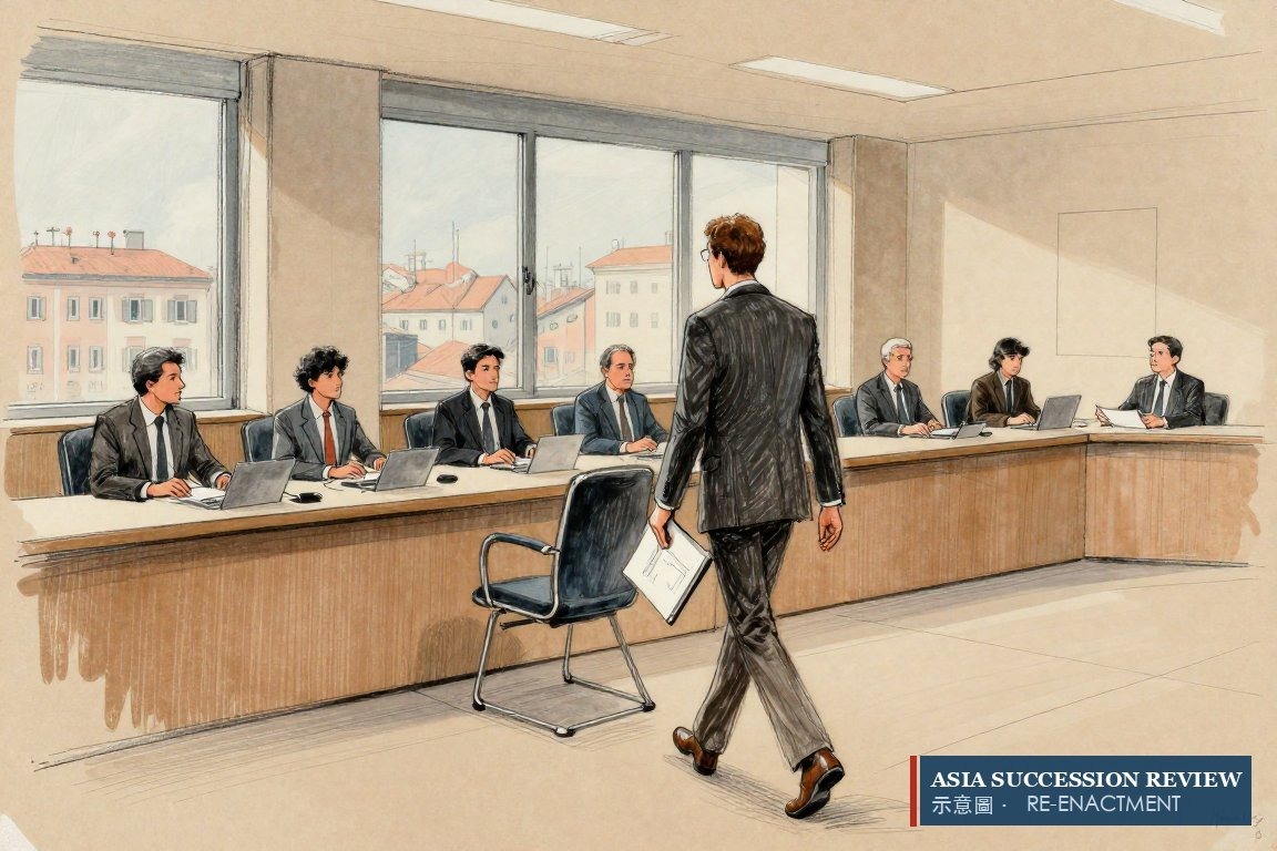 A young executive walks out of a Milan boardroom leaving his chair empty — the August 2026 resignation.