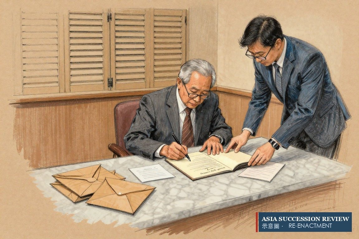 A founder signs a Singapore trust deed beside eight identical envelopes and one letter of wishes.