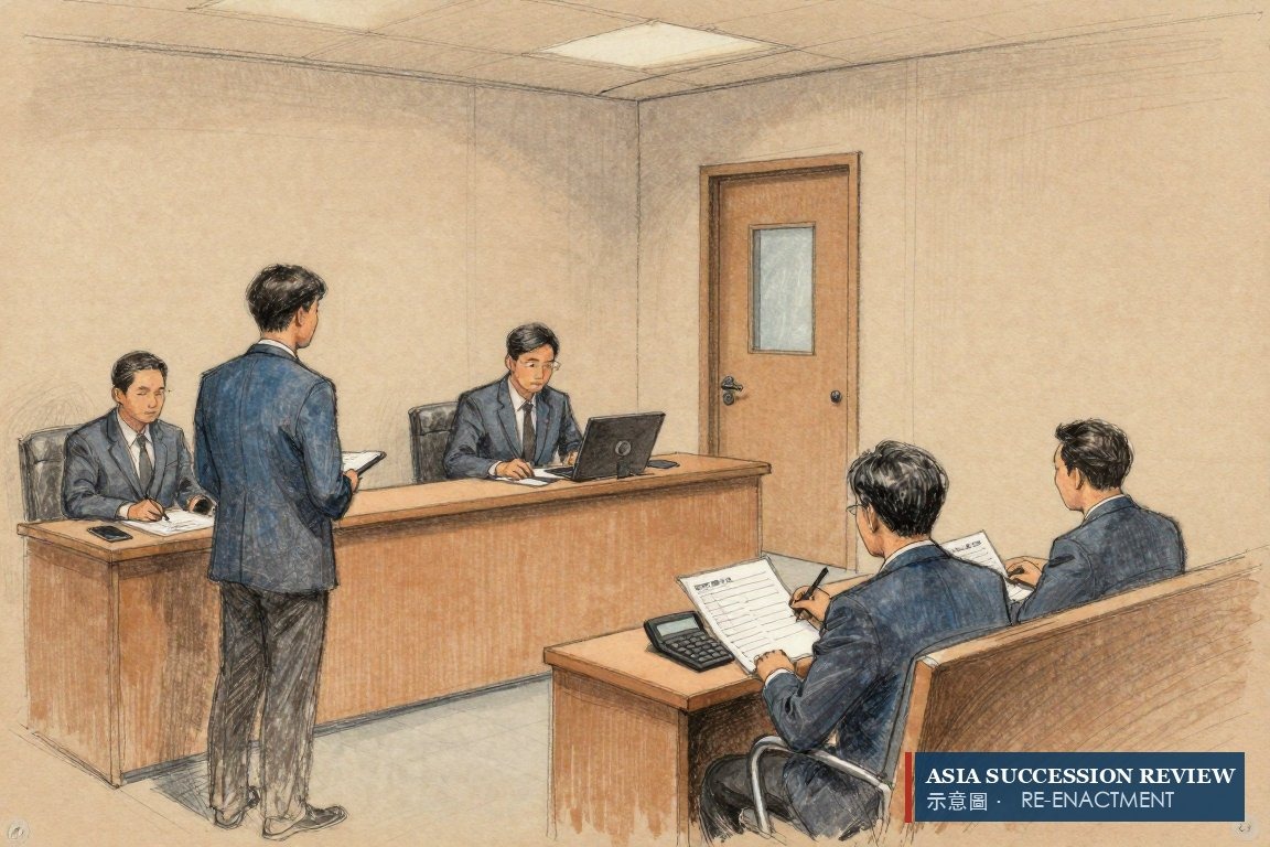 Three arbitrators hear one heir's counsel in a private Singapore room — the deed's referee and exit formula.