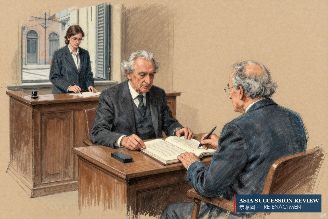 A notary holds open a law volume before an elderly founder — Italy's legittima narrowing lifetime planning.