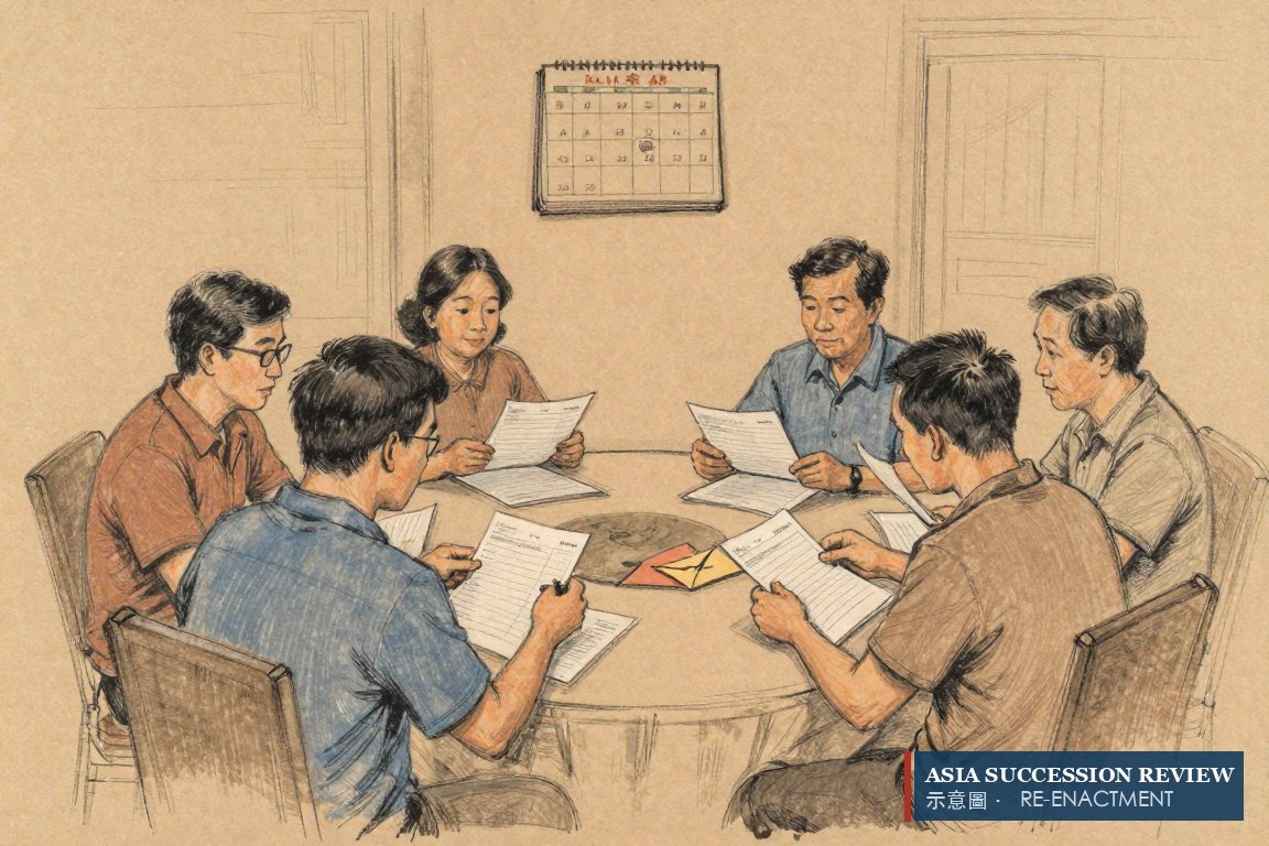 Lima orang dewasa membuka amplop pembukuan identik di meja bundar pada tanggal yang dilingkari: pelaporan yang dituliskan dalam akta.