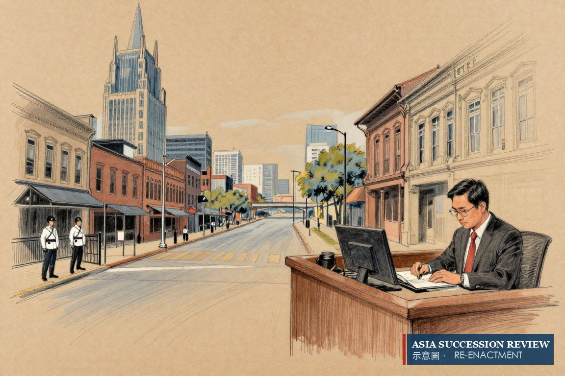 Gerbang Nashville dan kantor Singapura dipisahkan sungai: batas jangkauan aturan Singapura mana pun.