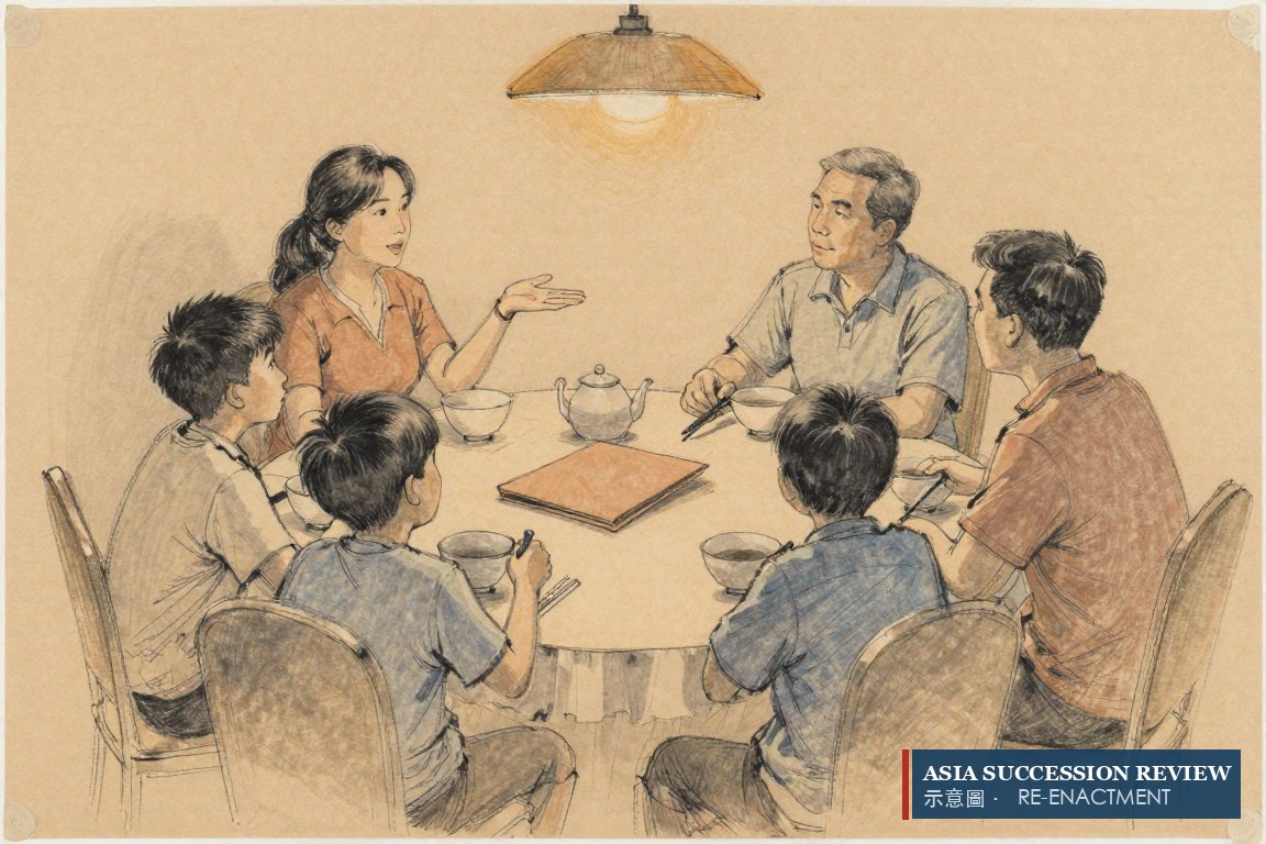 Seorang putri mengajukan pertanyaan di meja makan keluarga sementara ayahnya mendengarkan: empat pertanyaan yang diajukan di depan semua orang.