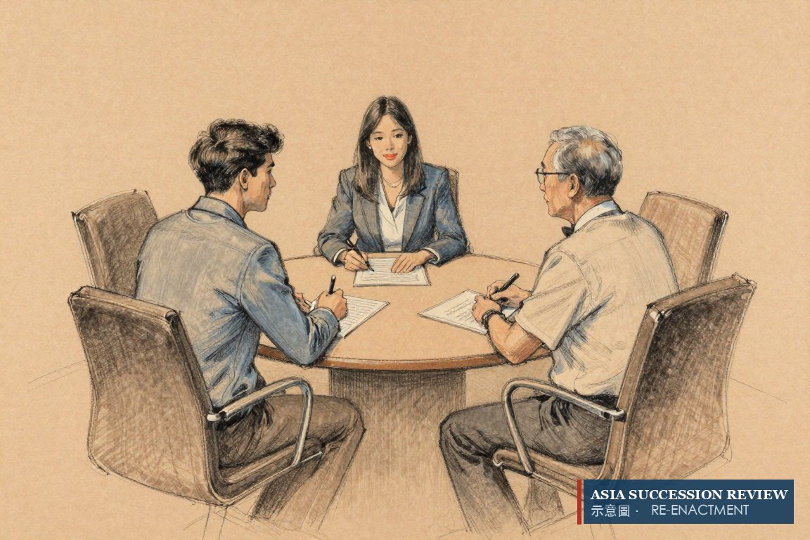 Dua sepupu dan satu orang luar di meja bundar dengan satu kursi kosong: komite protector yang bisa mengganti trustee.
